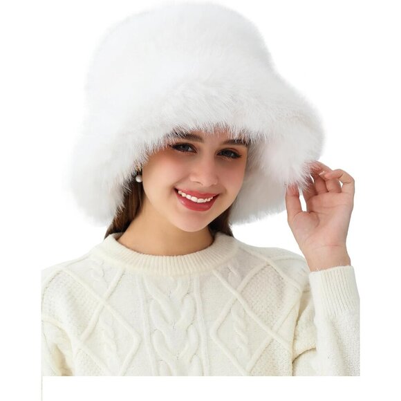 Women's Faux Fur Bucket Hat Winter Fuzzy Wide Brim Fashionable Warm Accessory - Picture 2 of 9